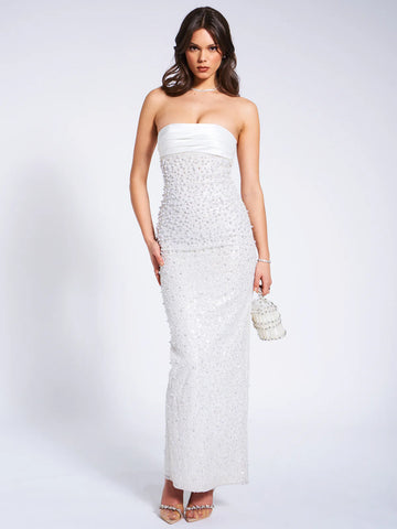 LAINEY WHITE SATIN SEQUIN PEARL BEADED MAXI DRESS