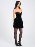 NORA BLACK VELVET DROP WAIST CORSET LACE TRIM DRESS