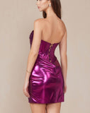 STRAPLESS TWISTED PLEAT METALLIC MINI DRESS