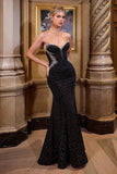 BLACK CRYSTAL STRAPLESS FITTED DRESS