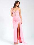 MARILYN PINK SATIN CORSET EMBELLISHED HIGH SLIT GOWN