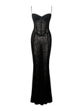 ULANI BLACK BURNOUT VELVET MESH DETAIL MAXI DRESS