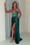 FITTED SATIN GOWN WITH BEADED BODICE