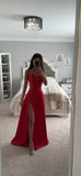 RUBY RED LACE UP HIGH SLIT SATIN DRESS