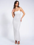 LAINEY WHITE SATIN SEQUIN PEARL BEADED MAXI DRESS