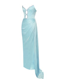 MARILYN PALE BLUE SATIN CORSET EMBELLISHED HIGH SLIT GOWN