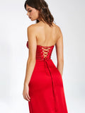 KADESHA RED CRYSTAL HIGH SLIT SATIN CORSET GOWN