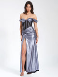 ODESSA SILVER METALLIC CORSET MAXI DRESS