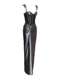 ODESSA SILVER METALLIC CORSET MAXI DRESS