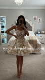 WHITE-NUDE SHORT SEQUIN FLORAL PRINT A LINE MINI DRESS