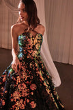 STRAPLESS FLORAL APPLIQUÉ BLACK BALL GOWN