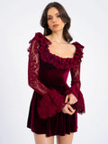 Yachira Burgundy Velvet Lace Flare Sleeve Mini Dress