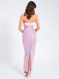 LAINEY PURPLE SATIN SEQUIN PEARL BEADED MAXI DRESS