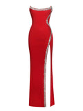 XOANA RED CRYSTAL EMBELLISHED HIGH SLIT GOWN