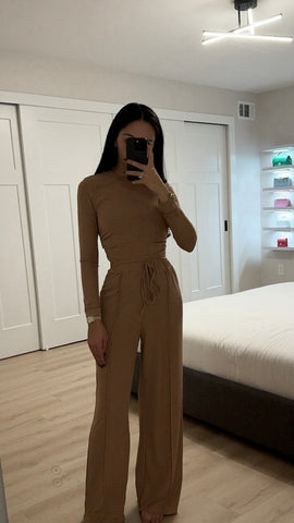 Round Neck Long Sleeve Top and Tied Pants Set