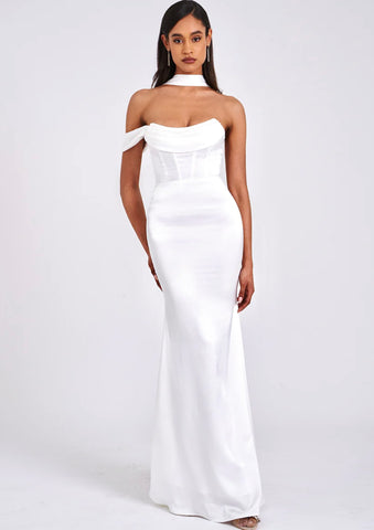 WHITE HALTER NECK DUCHESS SATIN GOWN