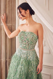 STRAPLESS FEATHER TEA LENGTH SAGE DRESS