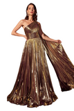 ONE SHOULDER METALLIC PLEATED A LINE DRESS