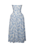 PALOMA BLUE PRINT LINEN CORSET DRAPING MIDI DRESS