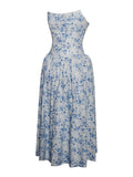 PALOMA BLUE PRINT LINEN CORSET DRAPING MIDI DRESS