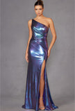 METALLIC ONE SHOULDER IRIDESCENT GOWN