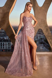 STRAPLESS FITTED GLITTER EMBELLISHED GOWN