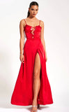 RUBY RED LACE UP HIGH SLIT SATIN DRESS