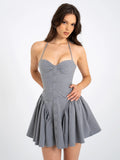 MELODY GRAY STRIPE HALTER DROP WAIST MINI DRESS