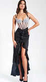 RAFAELA BLACK SATIN CORSET SEQUIN WING CUP DRESS