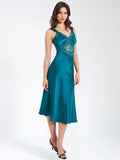 PERLEY TEAL SATIN LACE MIDI DRESS