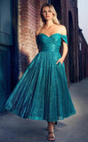 OFF SHOULDER GLITTER TEA LENGTH GOWN