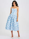 PALOMA BLUE PRINT LINEN CORSET DRAPING MIDI DRESS