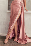 SATIN FITTED SASH & LACE GOWN