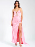 MARILYN PINK SATIN CORSET EMBELLISHED HIGH SLIT GOWN