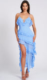 THEODORA BLUE RAYON RUFFLE MAXI DRESS