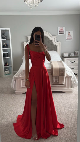 RED A LINE CINDERELLA SATIN GOWN