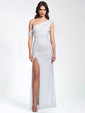 PAGET WHITE MESH RHINESTONE EMBELLISHED HIGH SLIT GOWN