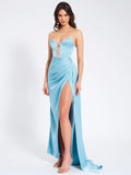 MARILYN PALE BLUE SATIN CORSET EMBELLISHED HIGH SLIT GOWN