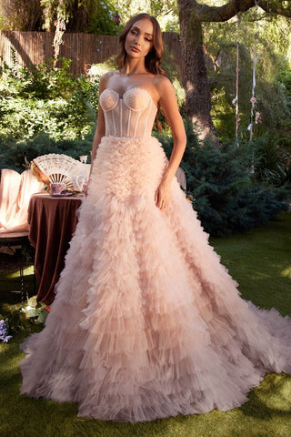 BLUSH STRAPLESS RUFFLE OMBRÉ BALL GOWN