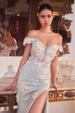 OFF THE SHOULDER FLORAL APPLIQUÉ GOWN