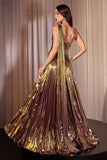 ONE SHOULDER METALLIC PLEATED A LINE DRESS