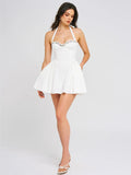 Nina White Embroidered Halter Mini Dress