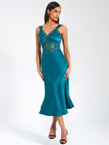 PERLEY TEAL SATIN LACE MIDI DRESS