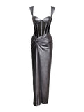 ODESSA SILVER METALLIC CORSET MAXI DRESS