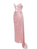 MARILYN PINK SATIN CORSET EMBELLISHED HIGH SLIT GOWN