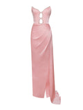 MARILYN PINK SATIN CORSET EMBELLISHED HIGH SLIT GOWN