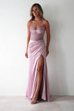 DUSTY ROSE DAISY EMBELLISHED SATIN CORSET GOWN