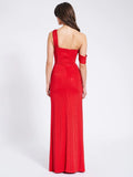 PAGET RED MESH RHINESTONE EMBELLISHED HIGH SLIT GOWN