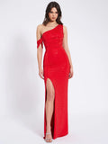 PAGET RED MESH RHINESTONE EMBELLISHED HIGH SLIT GOWN