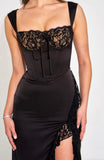 BLACK LACE SATIN MAXI CORSET DRESS